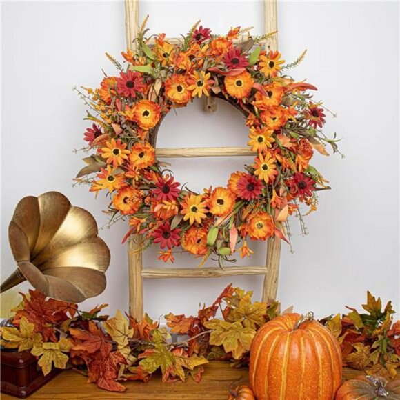 22" Artificial Orange Daisy‎ Wreath with Wildflowers Berries for Indoor Outdoor - Picture 2 of 7